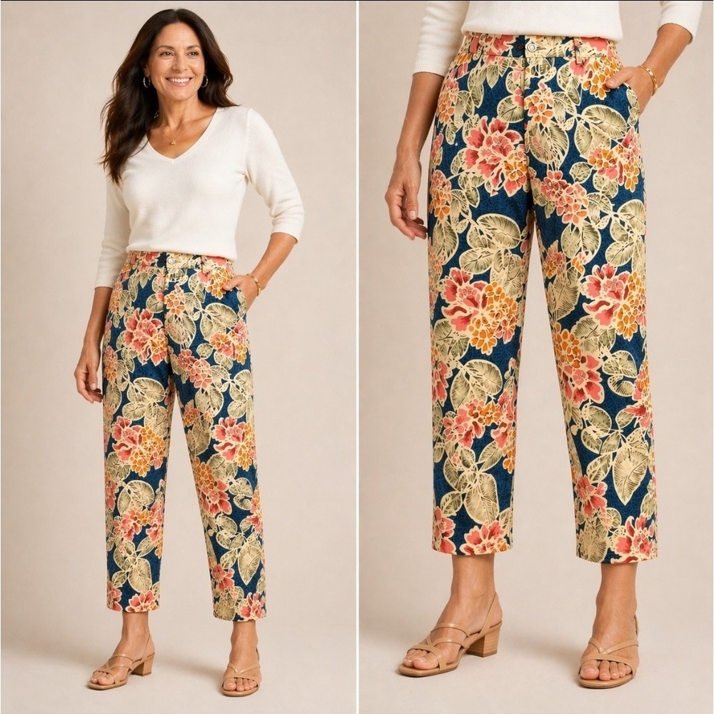 TALBOT'S Linen Blend Hawaiian Tropical Key West Crop Pants 10 Beach Boho Floral